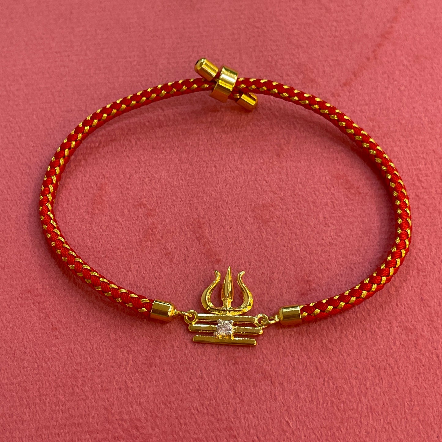 925 Silver Trishul Tripundra Rakhi for Brother | Gold Plated CZ Charm on Red Thread