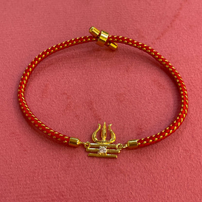 925 Silver Trishul Tripundra Rakhi for Brother | Gold Plated CZ Charm on Red Thread