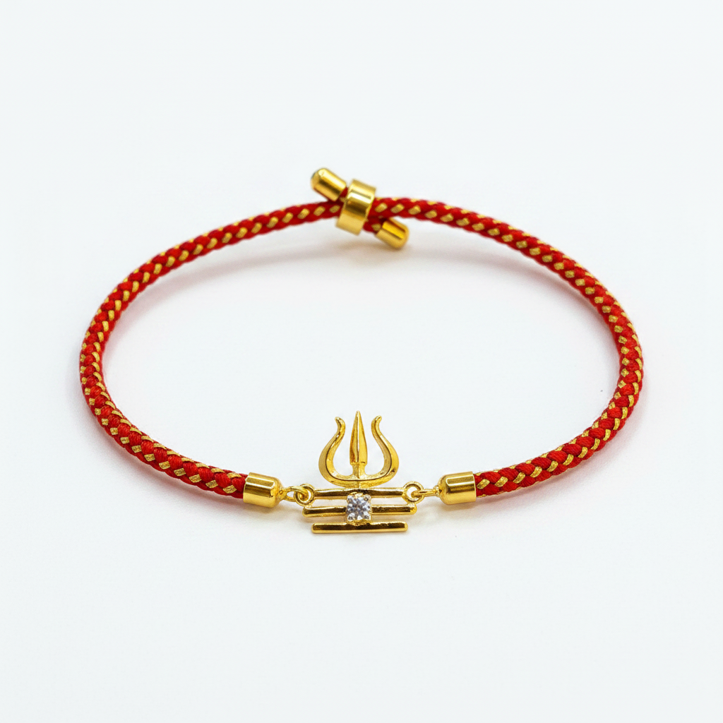 925 Silver Trishul Tripundra Rakhi for Brother | Gold Plated CZ Charm on Red Thread