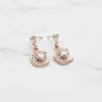 Rose Gold Plated 92.5 Sterling Silver CZ Star & Crescent Moon Drop Earrings for Women | Pear CZ Stud with Pavé Moon Dangle | Second Piercing Earring Pair