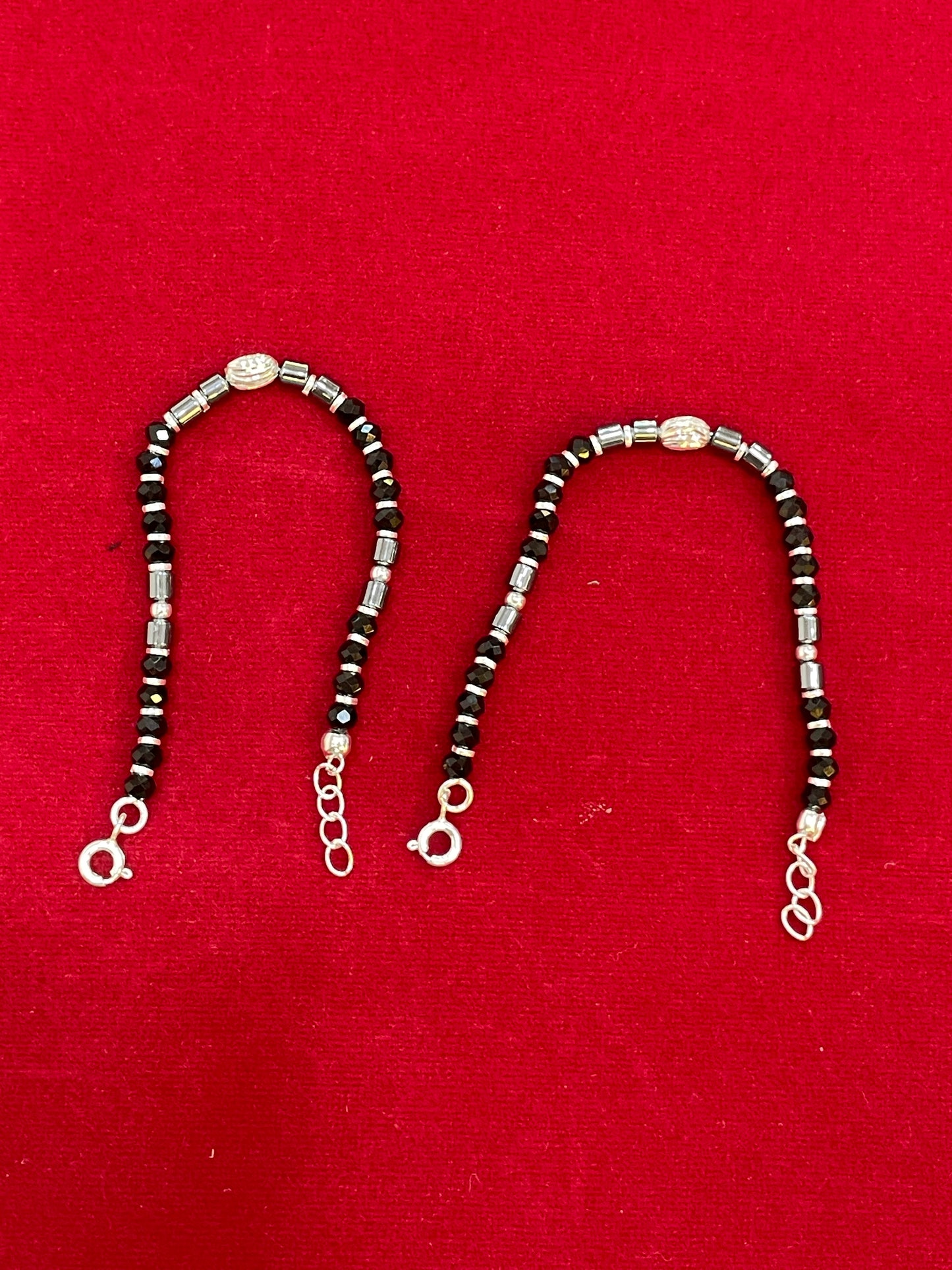 Silver Nazariya Black Bead Anklet for Kids | Set of 2 with Om Charm