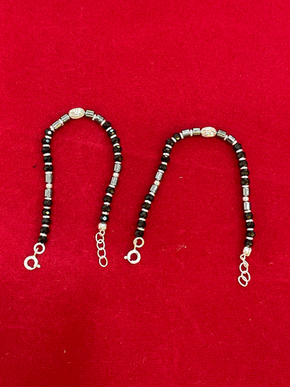 Silver Nazariya Black Bead Anklet for Kids | Set of 2 with Om Charm