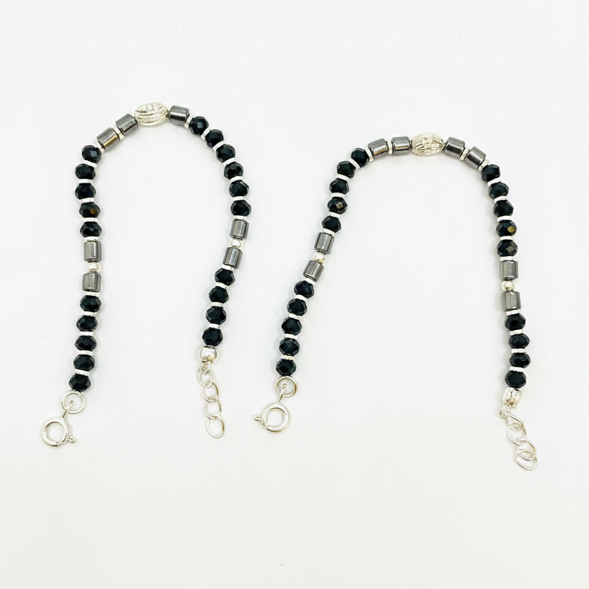 Silver Nazariya Black Bead Anklet for Kids | Set of 2 with Om Charm