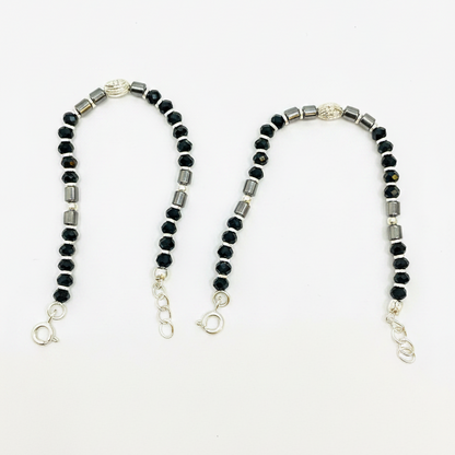 Silver Nazariya Black Bead Anklet for Kids | Set of 2 with Om Charm