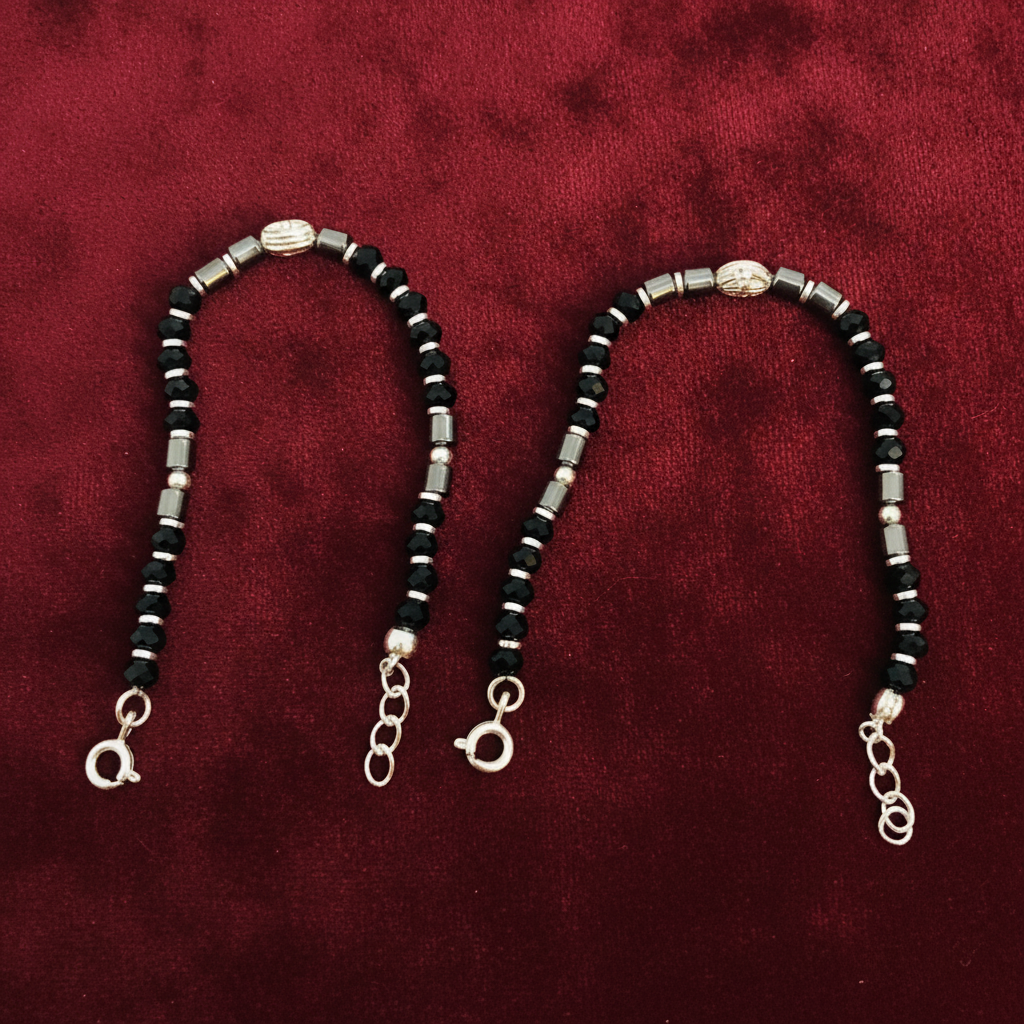 Silver Nazariya Black Bead Anklet for Kids | Set of 2 with Om Charm