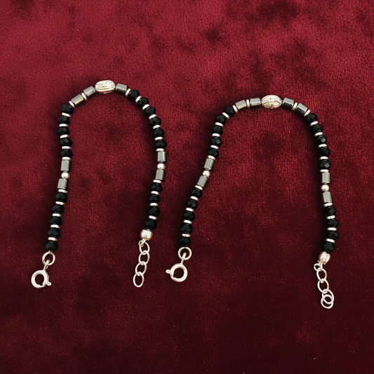 Silver Nazariya Black Bead Anklet for Kids | Set of 2 with Om Charm