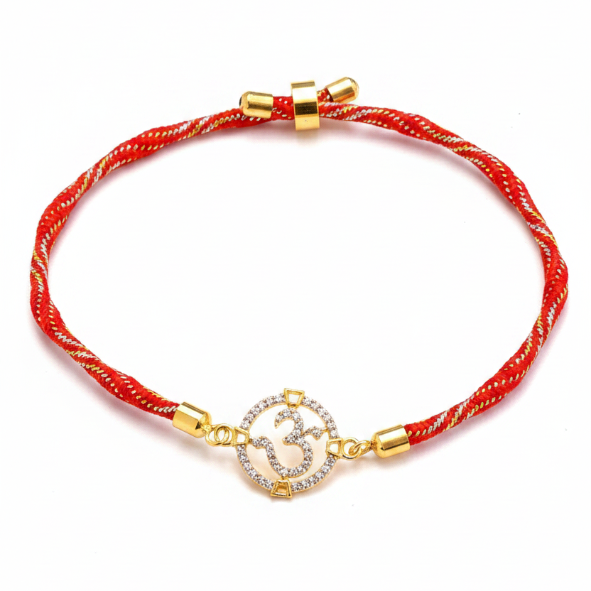 Silver Om Rakhi for Brother | Gold Plated Full CZ Om Charm on Red & Gold Twisted Thread