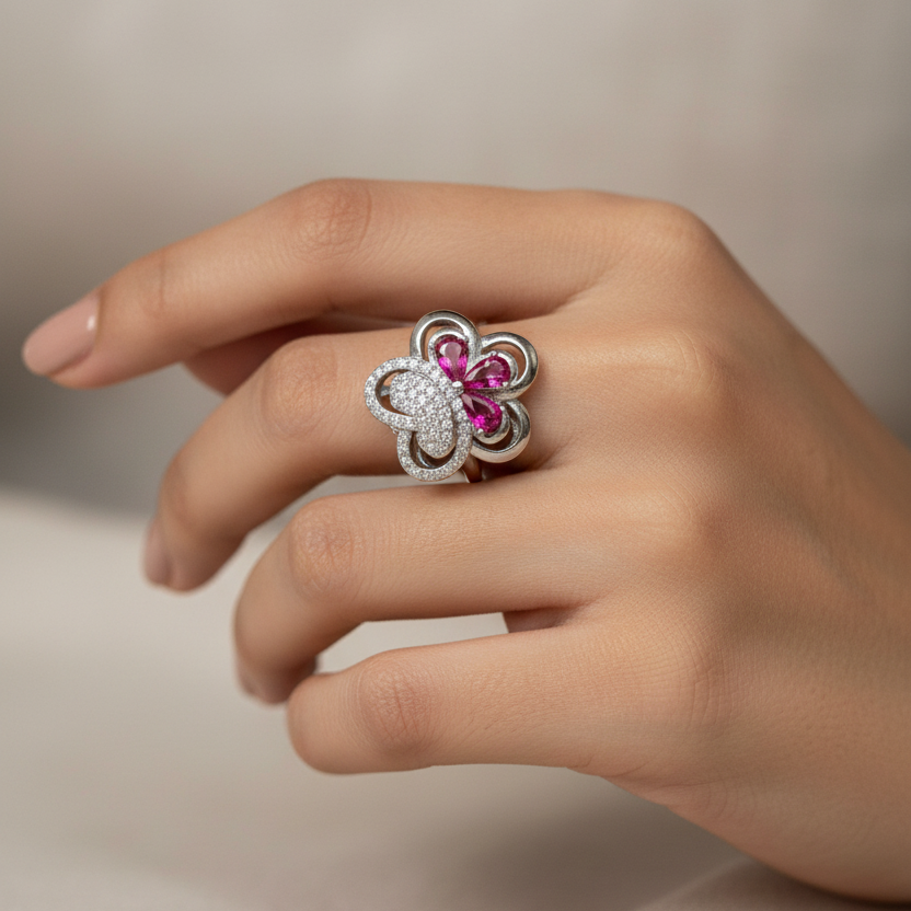 92.5 Silver Stylish Flower Ring for Women Size 14 | Elegant Floral Design | Daily Wear Jewellery