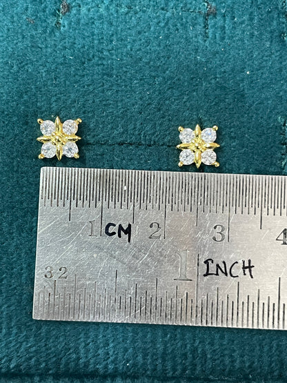 925 Silver Gold Finish Floral Stud Earrings | CZ Elegant Earrings with Ball Screw Back