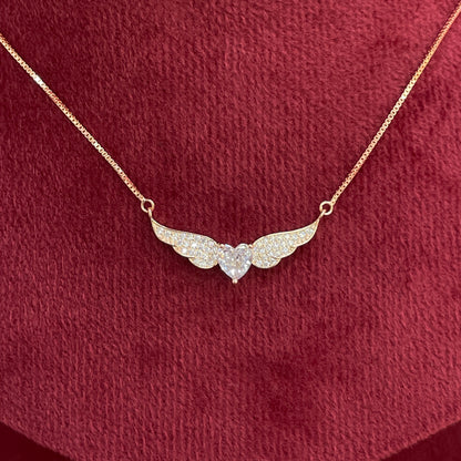 92.5 Silver Rose Gold Plated Pave CZ Angel Wings & Heart Pendant Necklace for Women