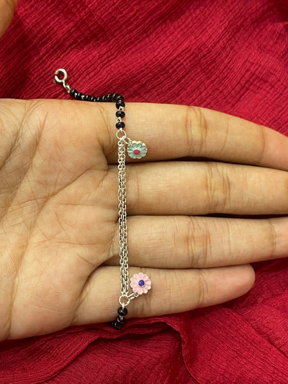 92.5 Silver Flower Black Beads Bracelet for Women 7.5 Inches | Stylish Elegant Design | Daily Wear Jewellery