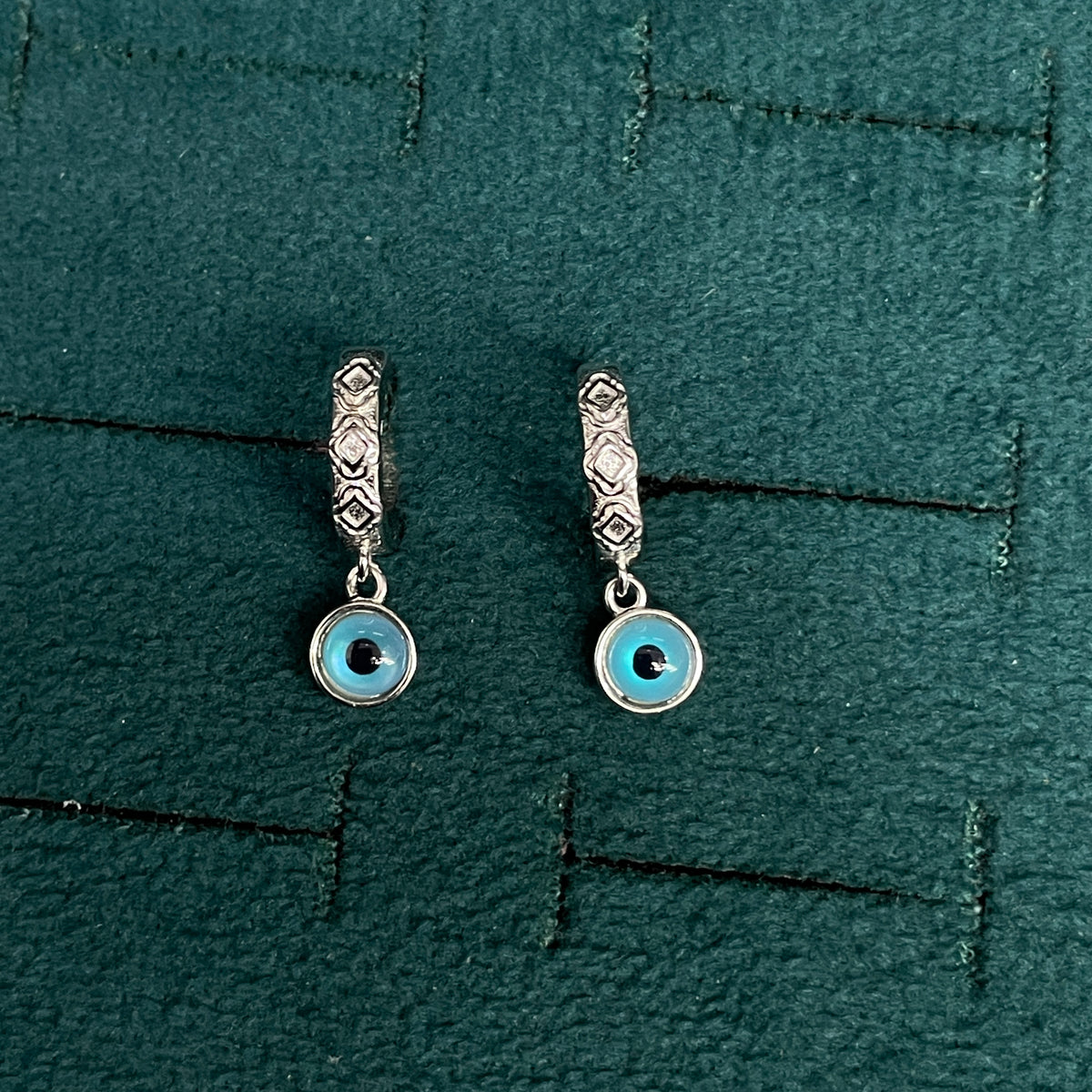 92.5 Sterling Silver Bali Earrings for Women | Diamond Engraved Hoop with Evil Eye Charm Drop pair