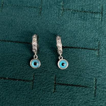 92.5 Sterling Silver Bali Earrings for Women | Diamond Engraved Hoop with Evil Eye Charm Drop pair