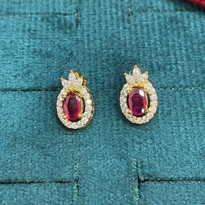 92.5 Sterling Silver Gold Plated Ruby Red CZ Oval Halo Stud Earrings for Women