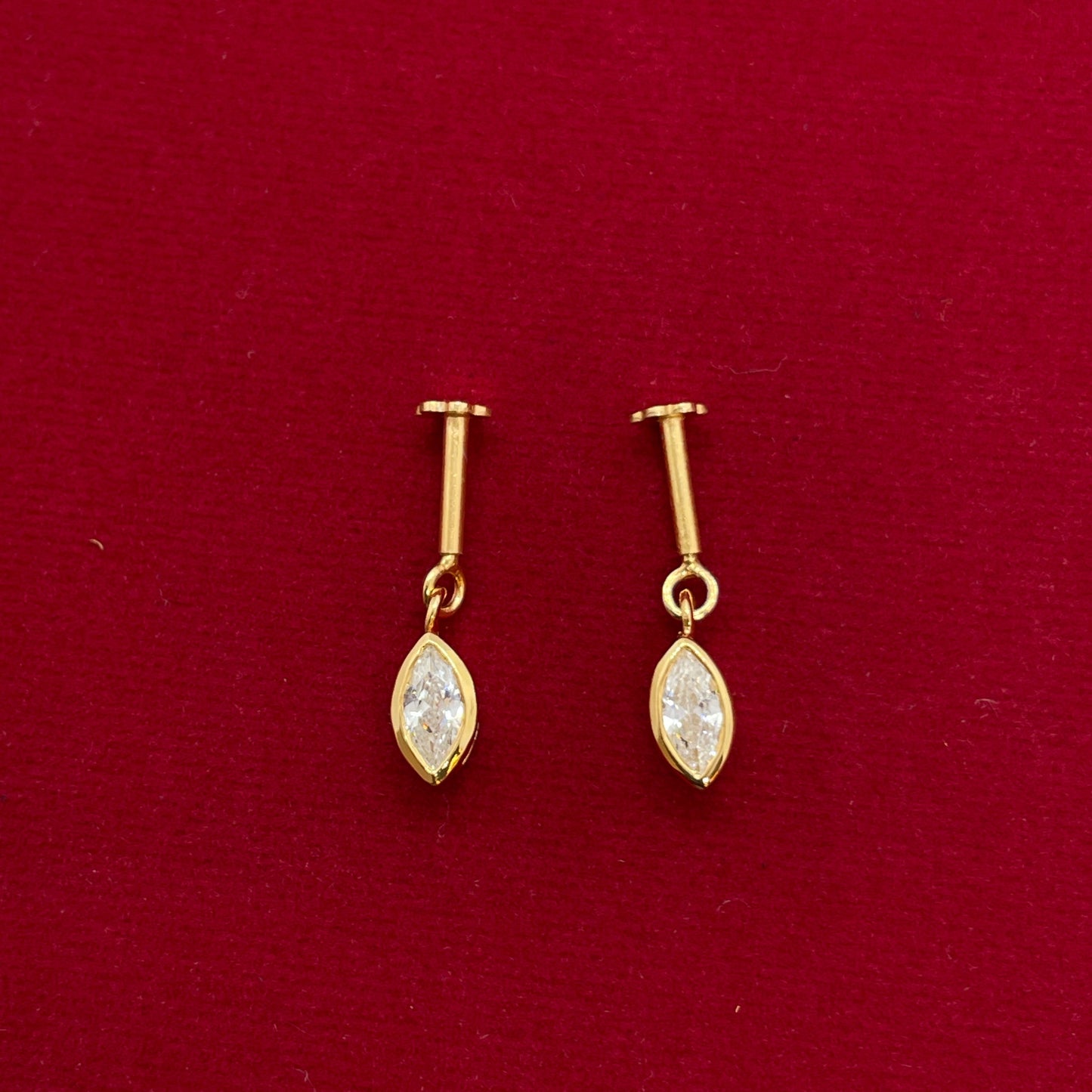 Gold Plated 92.5 Sterling Silver Marquise CZ Solitaire Bugadi for Women | Minimal Marquise Bezel Bar Drop | Helix Earring Pair