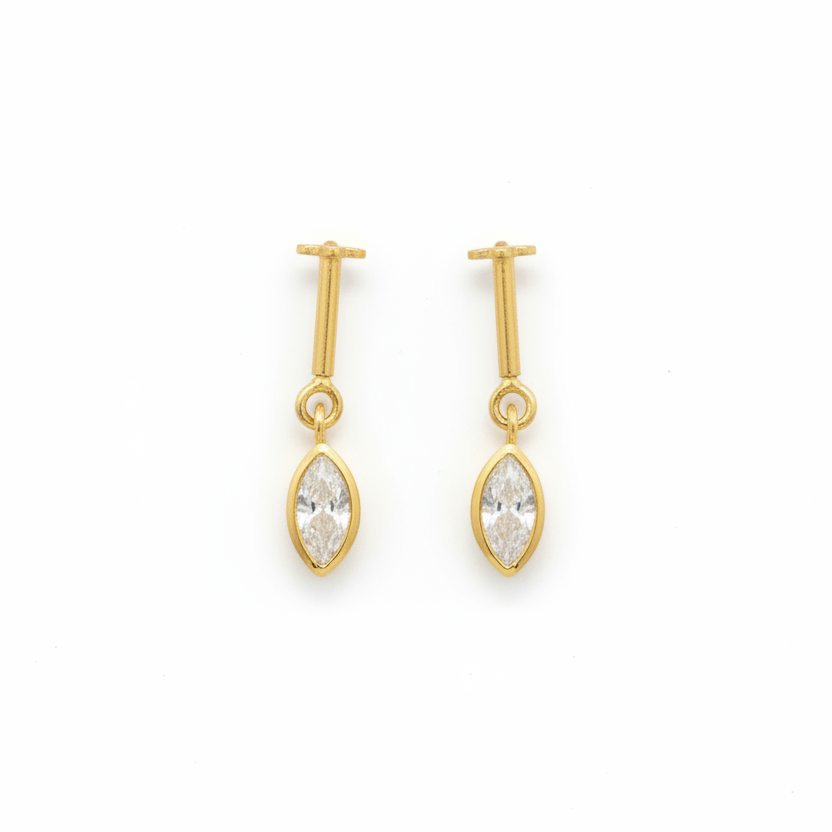 Gold Plated 92.5 Sterling Silver Marquise CZ Solitaire Bugadi for Women | Minimal Marquise Bezel Bar Drop | Helix Earring Pair
