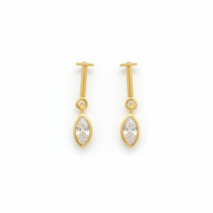 Gold Plated 92.5 Sterling Silver Marquise CZ Solitaire Bugadi for Women | Minimal Marquise Bezel Bar Drop | Helix Earring Pair