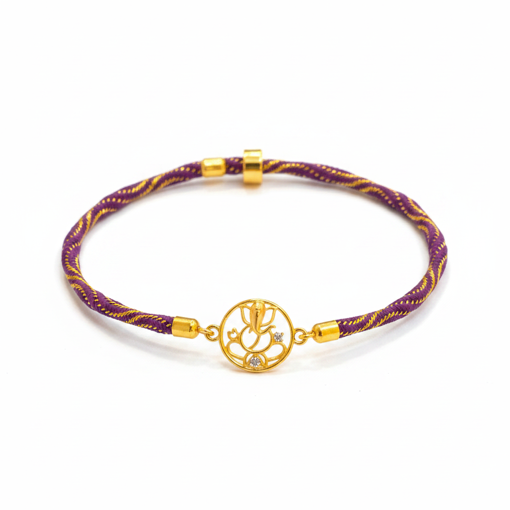Silver Ganesha Rakhi for Brother | Gold Plated Open Frame Ganesh Charm on Purple & Gold Thread