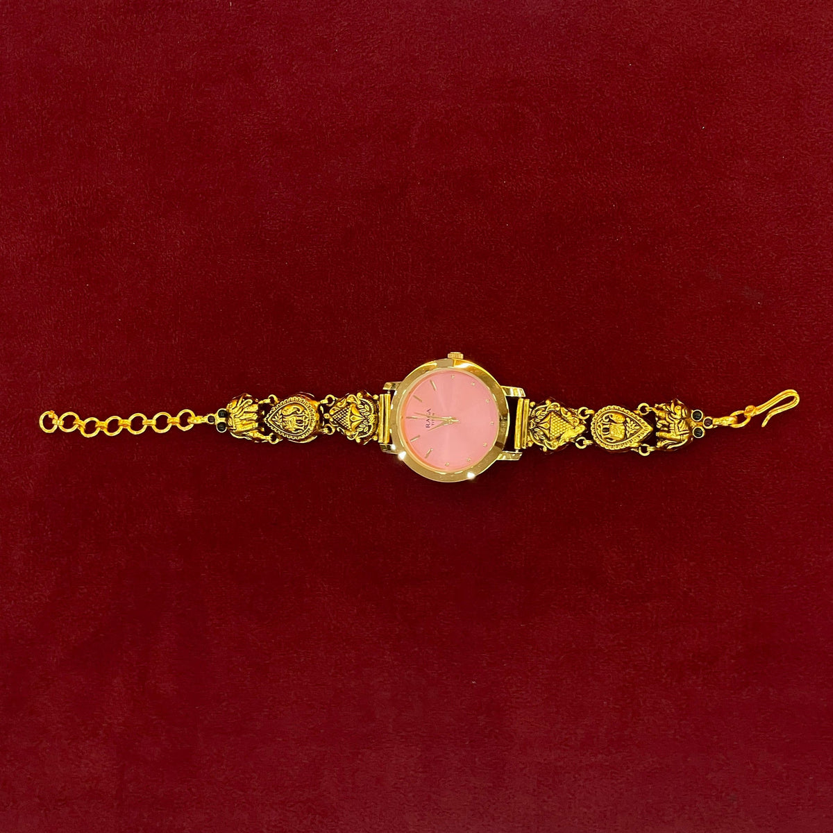 92.5 Silver Gold Plated Nakshi Pink Dial Watch for Women