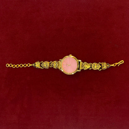 92.5 Silver Gold Plated Nakshi Pink Dial Watch for Women