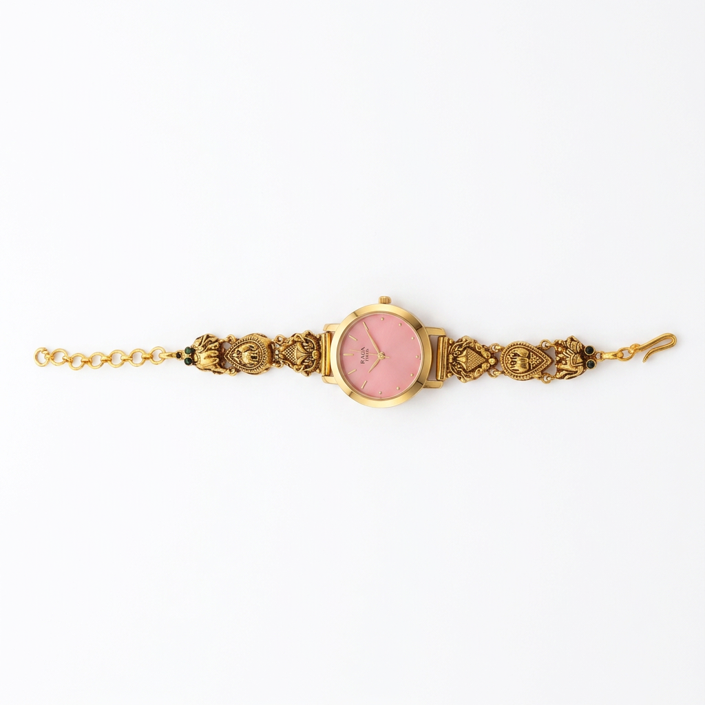 92.5 Silver Gold Plated Nakshi Pink Dial Watch for Women