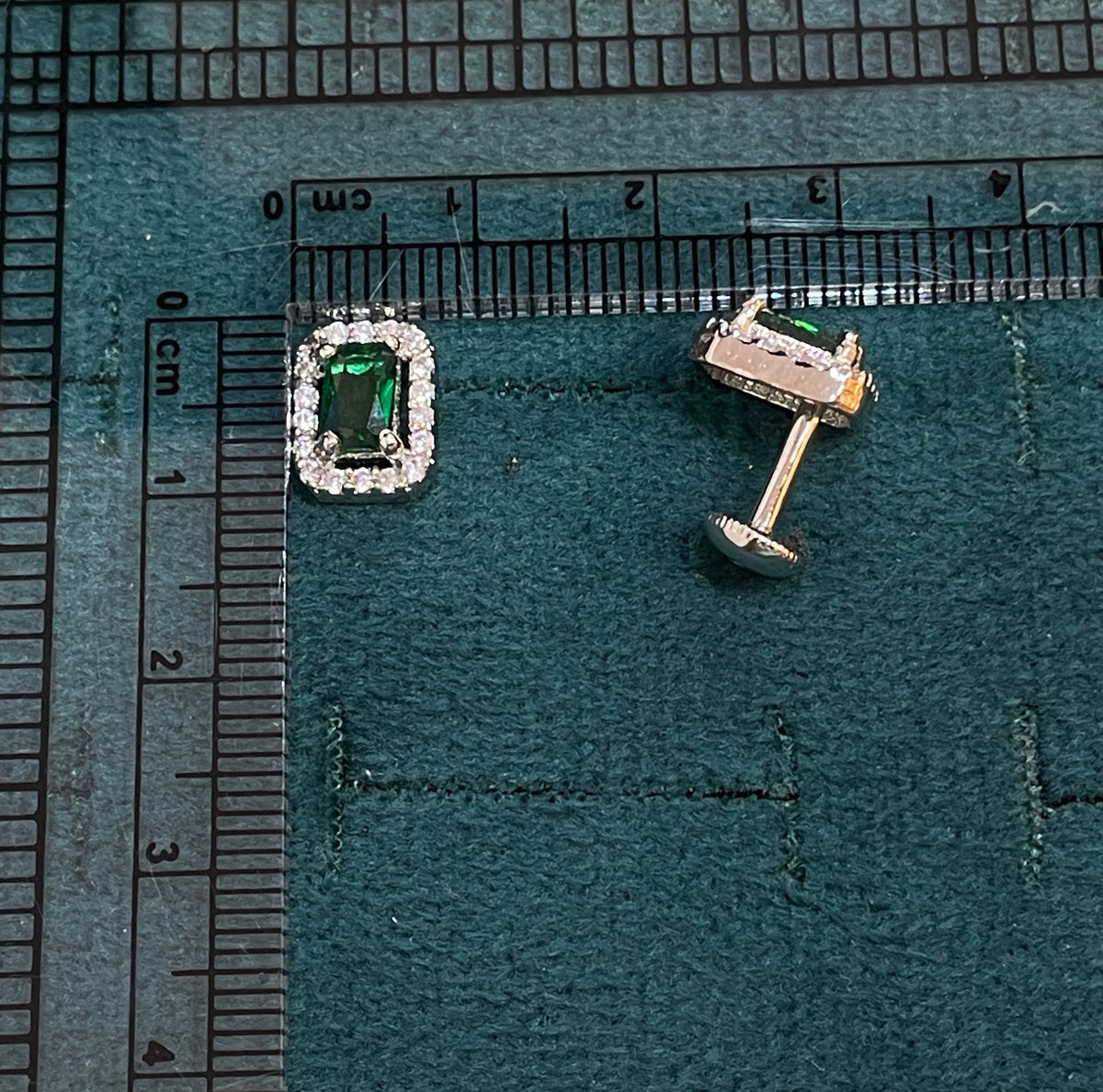 92.5 Sterling Silver Earrings for Women | Rectangular Green Stone with White Stone Halo pair