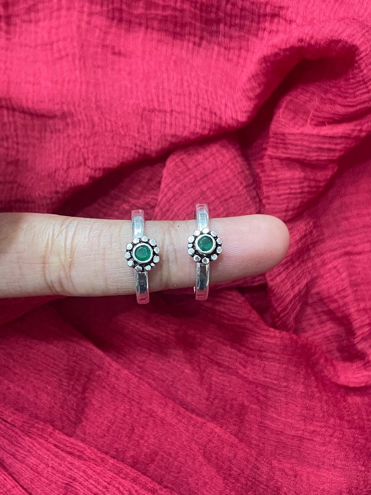92.5 Silver Green Stone Toe Rings for Women | Adjustable Traditional Daily Wear Jewellery