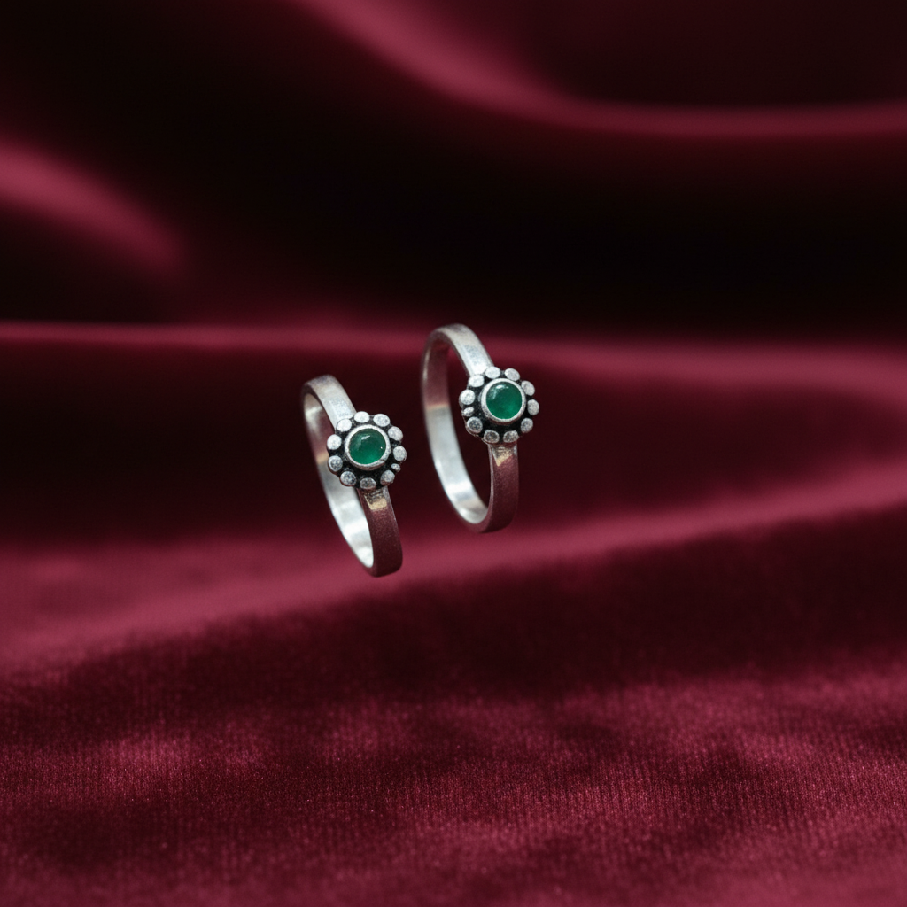 92.5 Silver Green Stone Toe Rings for Women | Adjustable Traditional Daily Wear Jewellery