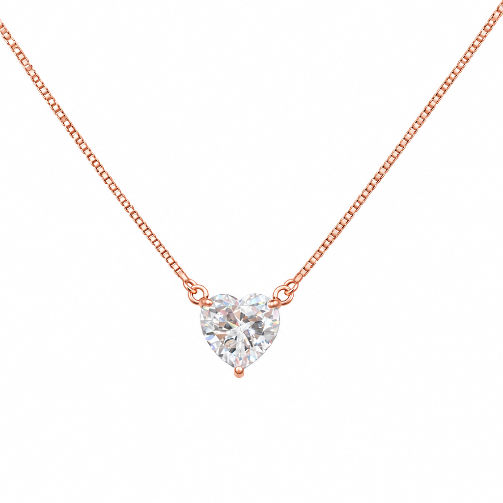 92.5 Silver Rose Gold Plated Solitaire Heart CZ Floating Pendant Necklace for Women