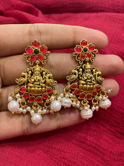 92.5 Silver Gold Plated Red Stone Lakshmi Devi Earrings for Women | Temple Design | Traditional Jewellery
