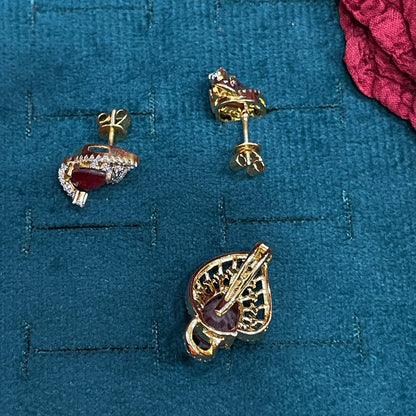 92.5 Silver Gold-Plated Elegant Ruby Pendant & Earring Set