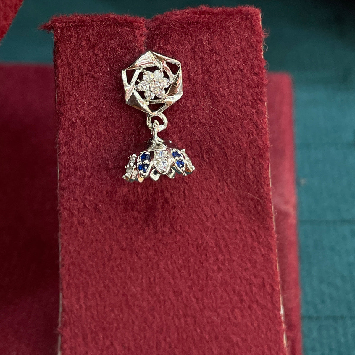 92.5 Sterling Silver CZ Hexagon Frame & Blue CZ Jhumka Drop Earrings for Women pair