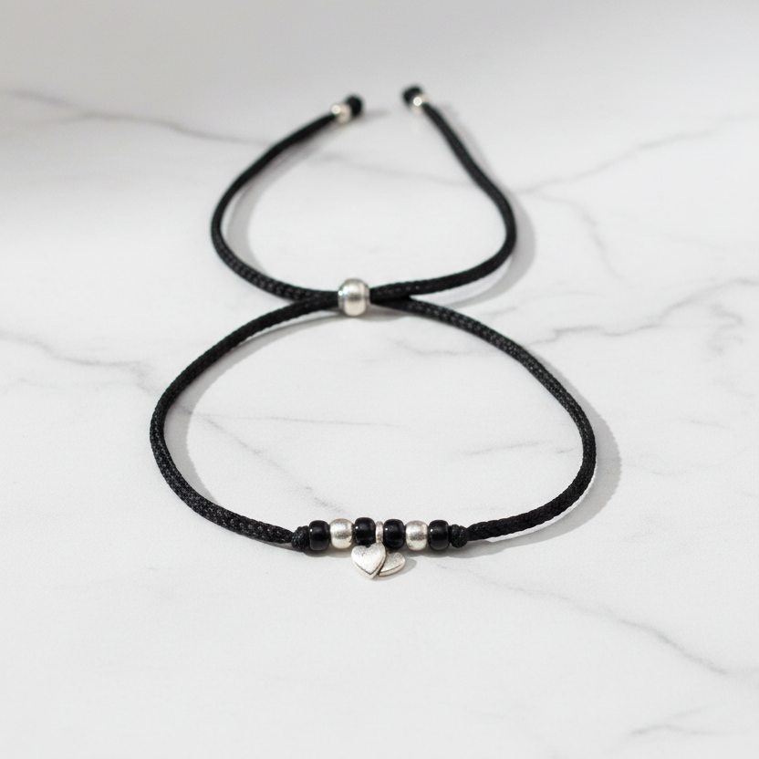 92.5 Silver Thread Anklet with Double Heart Charm - single pc