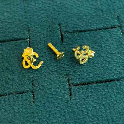 92.5 Silver Gold Plated White CZ Om Stud Pair