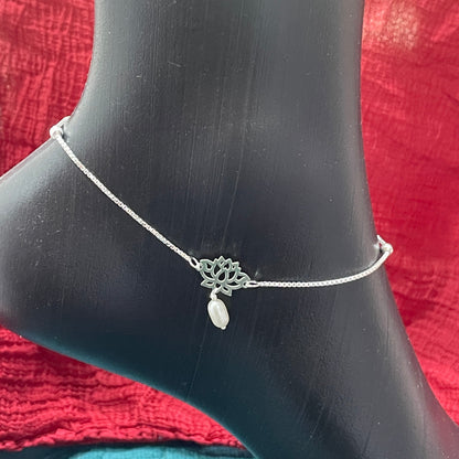 92.5 Sterling Silver Anklet for Women | Lotus Charm with Pearl Drop