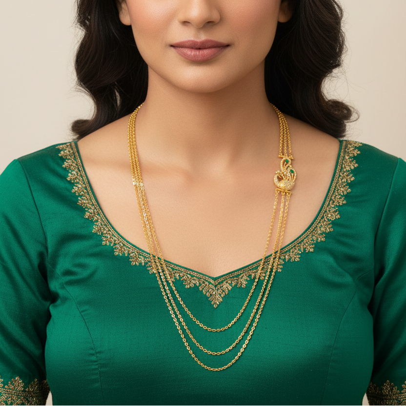 Woman wearing a green traditional outfit with gold jewelry against a plain background