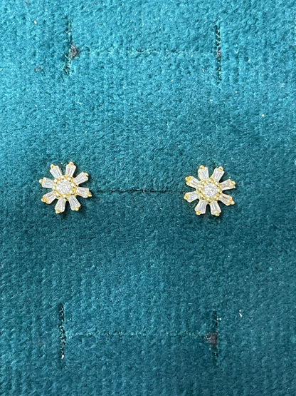 925 Silver Gold Finish Sunflower Stud Earrings | CZ Sparkle Earrings with Ball Screw Back