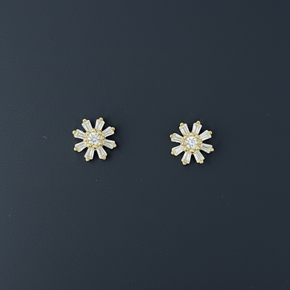 925 Silver Gold Finish Sunflower Stud Earrings | CZ Sparkle Earrings with Ball Screw Back