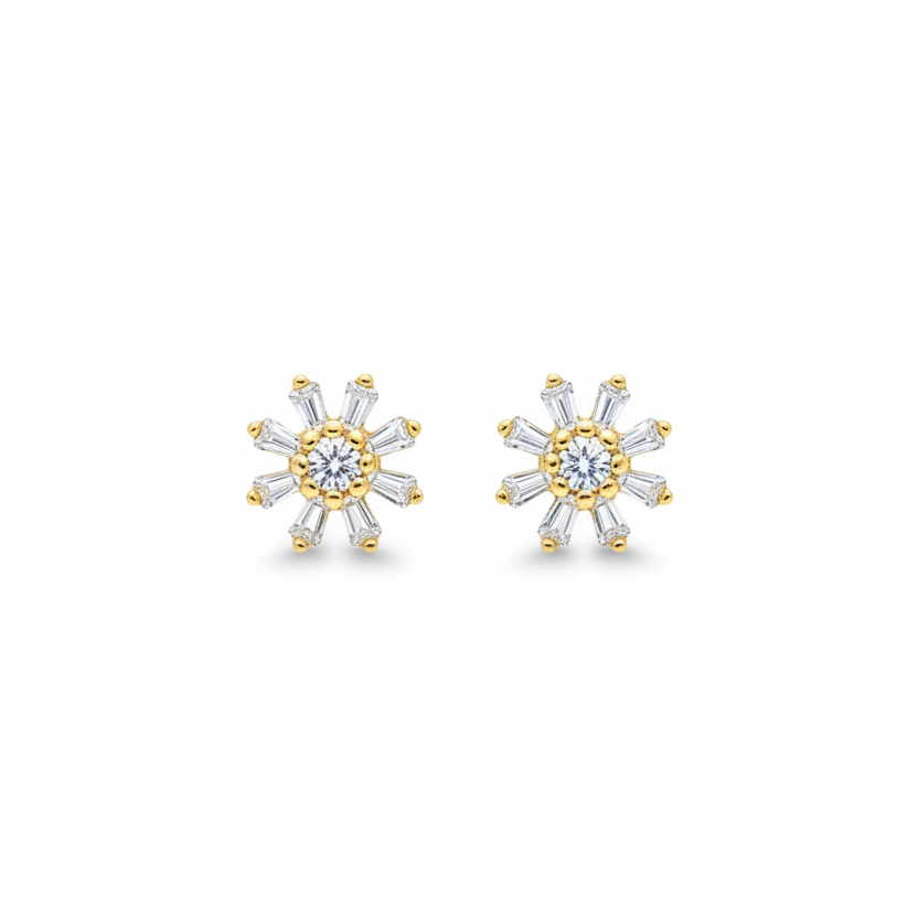 925 Silver Gold Finish Sunflower Stud Earrings | CZ Sparkle Earrings with Ball Screw Back