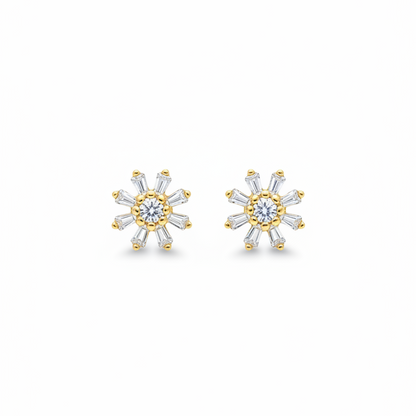 925 Silver Gold Finish Sunflower Stud Earrings | CZ Sparkle Earrings with Ball Screw Back