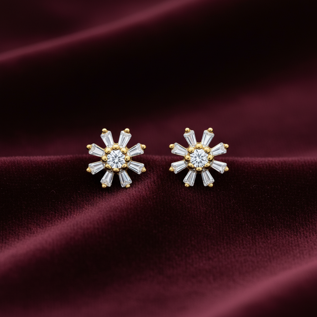 925 Silver Gold Finish Sunflower Stud Earrings | CZ Sparkle Earrings with Ball Screw Back