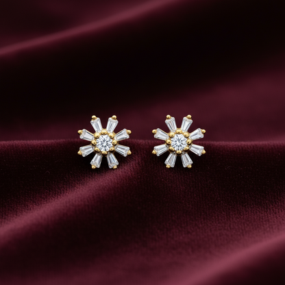 925 Silver Gold Finish Sunflower Stud Earrings | CZ Sparkle Earrings with Ball Screw Back