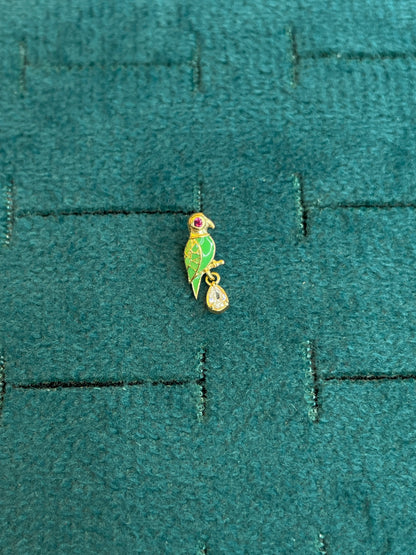 92.5 Sterling Silver Gold Plated Green Enamel Parrot Drop CZ Nose Pin