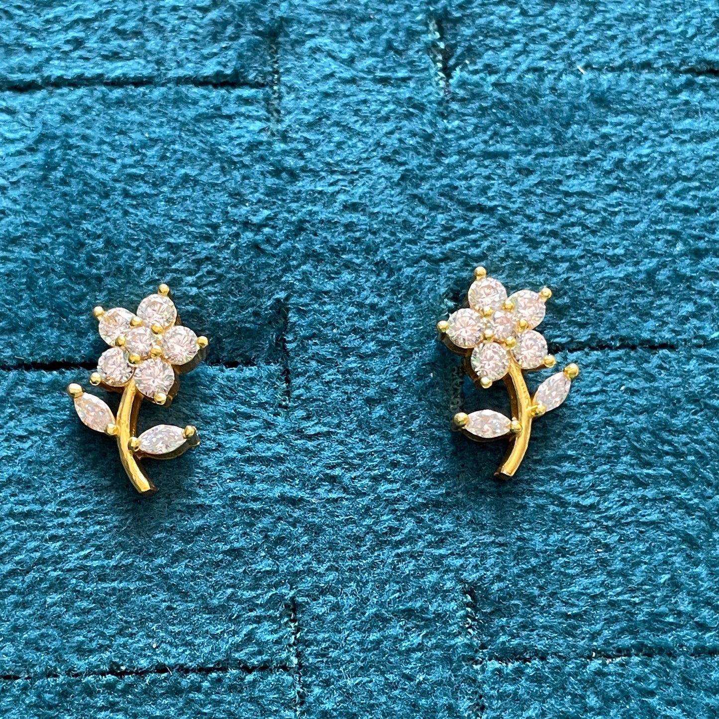 Gold Plated Floral Stem CZ Stud Earrings for Women | Flower & Leaf Design