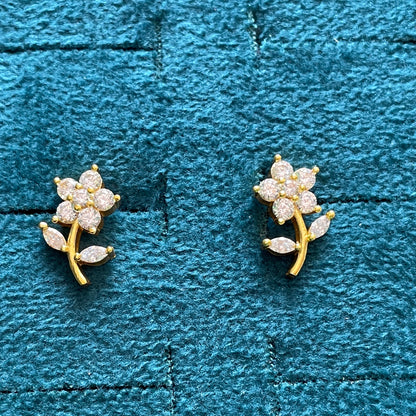 Gold Plated Floral Stem CZ Stud Earrings for Women | Flower & Leaf Design