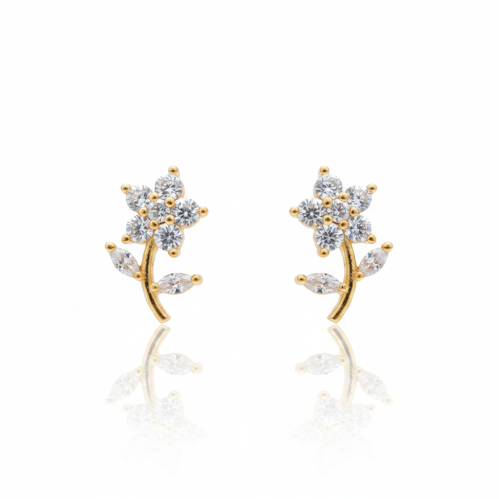 Gold Plated Floral Stem CZ Stud Earrings for Women | Flower & Leaf Design
