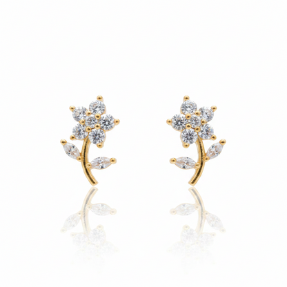 Gold Plated Floral Stem CZ Stud Earrings for Women | Flower & Leaf Design