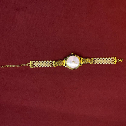 92.5 Silver Gold Plated Nakshi Pearl Watch for Women