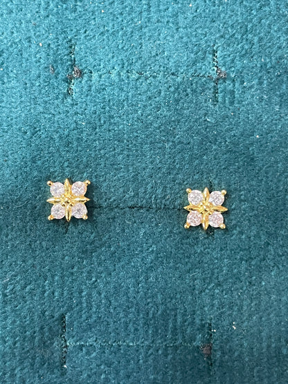 925 Silver Gold Finish Floral Stud Earrings | CZ Elegant Earrings with Ball Screw Back