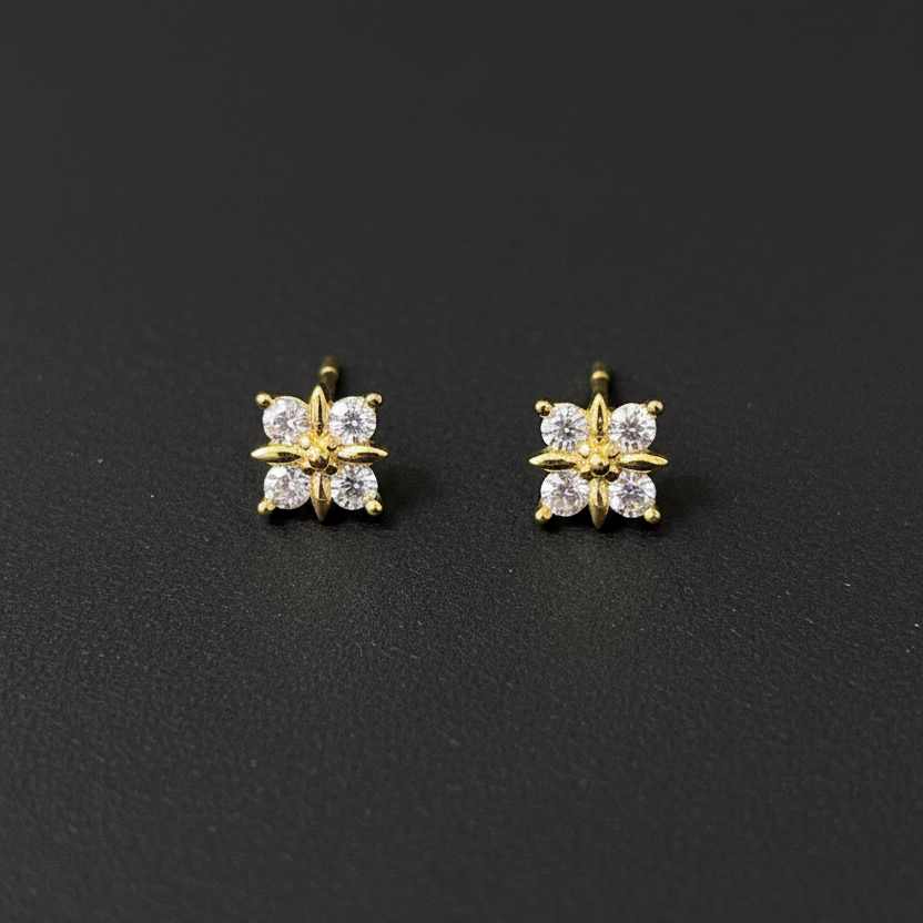 925 Silver Gold Finish Floral Stud Earrings | CZ Elegant Earrings with Ball Screw Back